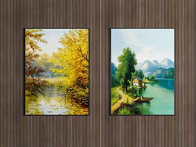 Two Landscape Paintings with Autumn Trees Lake Reflections and Mountain Lake Small House Boat 3d model
