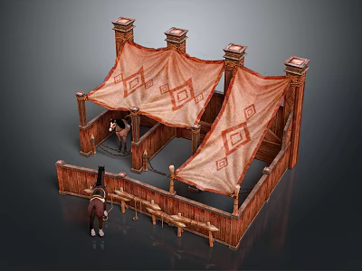 Medieval Wooden Market Stall Structure With Canopy Cloth Geometric Patterns Pillars Fence And Benches 3d model