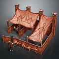 Medieval Wooden Market Stall Structure With Canopy Cloth Geometric Patterns Pillars Fence And Benches