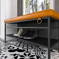 White Shoe Cabinet with Bench and Shoes in Modern Room with Window and Green Plant