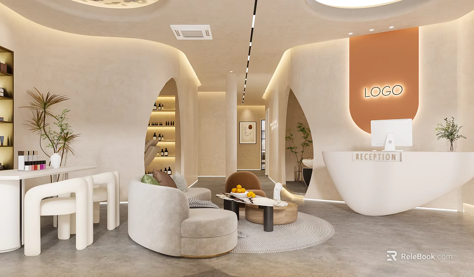 Modern Beauty And Hair Salon Interior Design With Reception Area Comfortable Seating And Green Plants 3d model 
