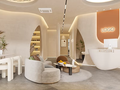 Modern Beauty And Hair Salon Interior Design With Reception Area Comfortable Seating And Green Plants 3d model