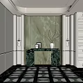 Elegant Entryway Hallway With Green Marble Wall Console Table Vase And Black White Tiled Floor