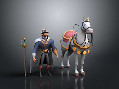 Man Dressed in Blue Coat and Hat Standing With White Horse and Sword 3d model