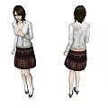 Woman In White Jacket Dark Patterned Skirt White Stockings High Heels Front Back Views