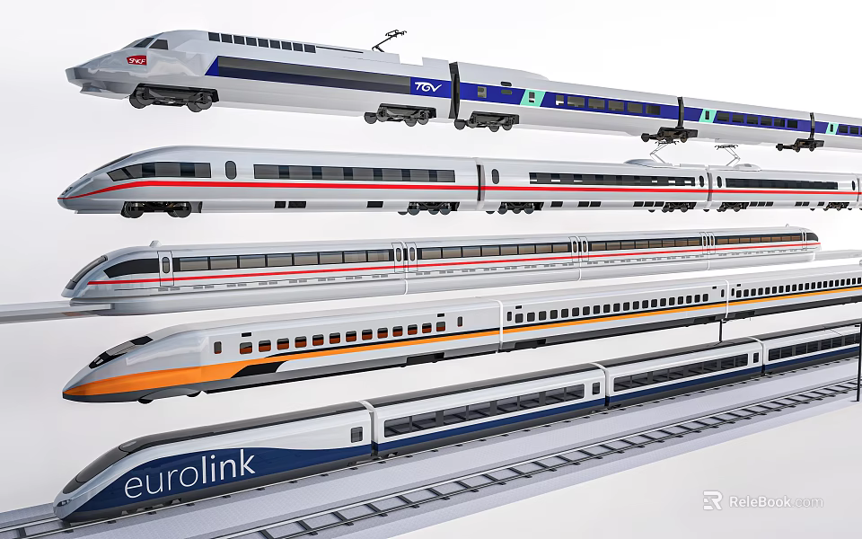 Variety Of High Speed Train Models On Tracks 3d model