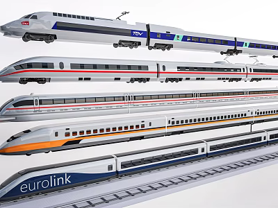 Variety Of High Speed Train Models On Tracks 3d model