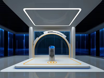 Modern Exhibition Hall Interior With Central Display Platform And Blue Ambient Lighting Design 3d model