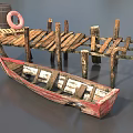 Broken ship shore small wooden ship dock broken dock broken wooden ship shore broken bridge small wooden bridge wooden bridge shore scene low face number low model simple model realistic 3d model
