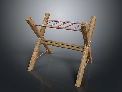 Rustic Wooden Furniture With Cross Legs And Red Striped Rungs Structure Design 3d model