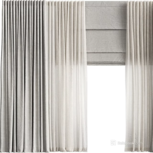 Elegant Modern Curtains In Gray And White Linen With Sheer Layers Design 3d model 