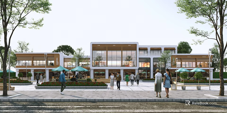 Vibrant Commercial Street Featuring Modern Architecture People Walking Greenery And Shade Umbrellas 3d model 