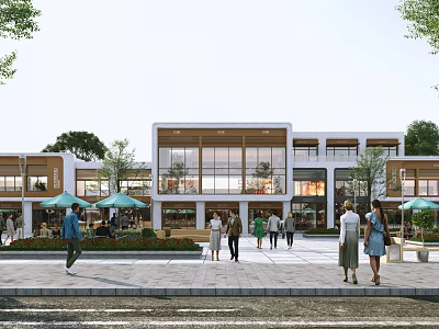Vibrant Commercial Street Featuring Modern Architecture People Walking Greenery And Shade Umbrellas 3d model