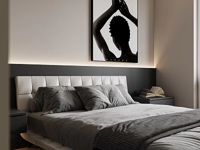 Modern Double Bed With Soft Headboard Gray Bedding Nightstand Books And Black White Wall Art 3d model