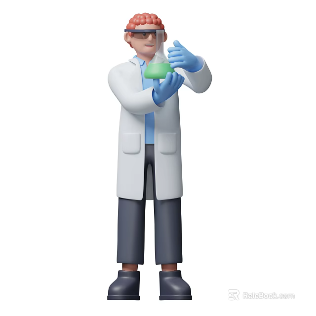 Man In White Lab Coat Wearing Blue Gloves Holding Green Conical Flask For Experiment 3d model 