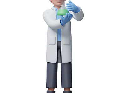 Man In White Lab Coat Wearing Blue Gloves Holding Green Conical Flask For Experiment 3d model