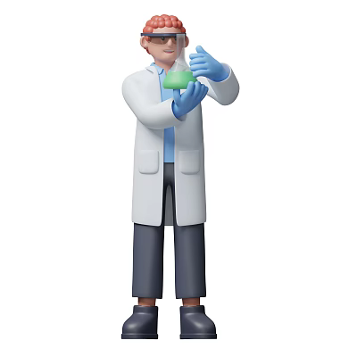 Man In White Lab Coat Wearing Blue Gloves Holding Green Conical Flask For Experiment 3d model