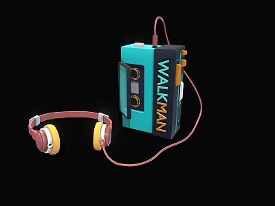 Vintage Walkman Portable Music Player With Headphones And Teal Design 3d model