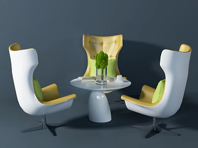 Modern Round White Table with Three White and Yellow Chairs and Green Plant Decoration 3d model