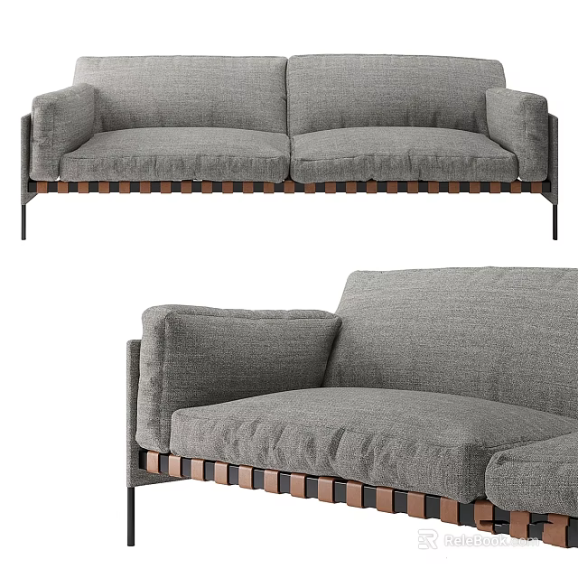 Gray Upholstered Sofa With Modern Design And Wooden Slat Base Structure 3d model