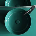 Elegant Teal Bathroom Sink With Circular Mirror Countertop And Modern Faucet