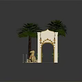Ornate Entrance Gate With Palm Trees Camel Statue And Hanging Lanterns