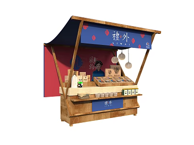 Traditional Market Stall With Blue Canopy Red Dots Cartoon Character Wooden Counter And Packaged Goods 3d model