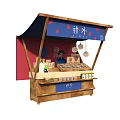 Traditional Market Stall With Blue Canopy Red Dots Cartoon Character Wooden Counter And Packaged Goods