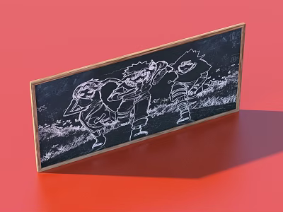 Blackboard with Golden Frame White Cartoon Character Doodles on Red Background 3d model