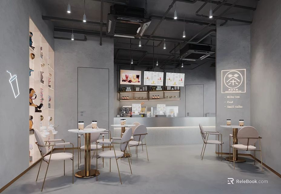 Modern Bubble Tea Shop Interior With Stylish Tables Chairs Order Counter And Wall Art 3d model 