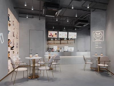 Modern Bubble Tea Shop Interior With Stylish Tables Chairs Order Counter And Wall Art 3d model