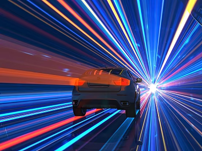 Dark Car Driving Through Tunnel With Colorful Radial Light Streaks Blue Red Orange Bright Taillights 3d model