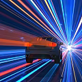 Dark Car Driving Through Tunnel With Colorful Radial Light Streaks Blue Red Orange Bright Taillights