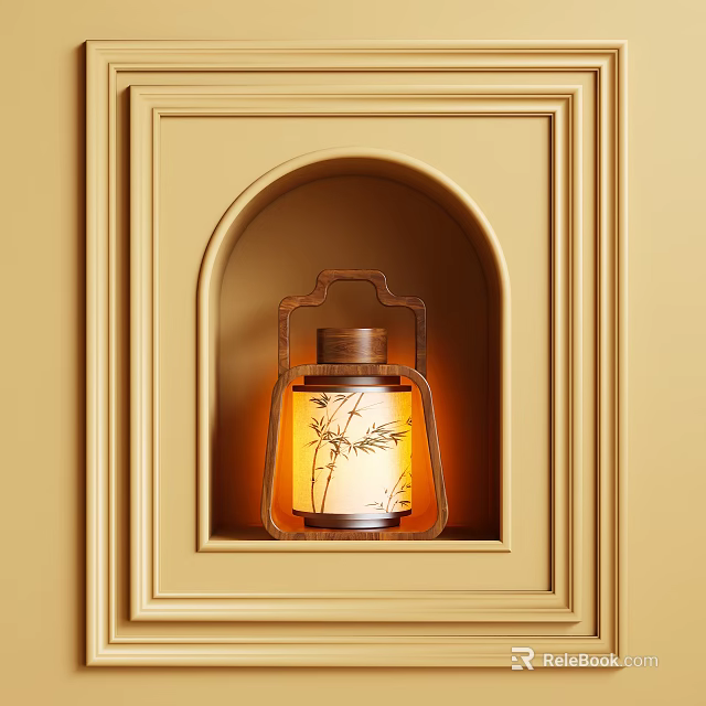 Traditional Bamboo Pattern Glass Shade Lamp With Warm Light In Arched Niche On Beige Wall 3d model 