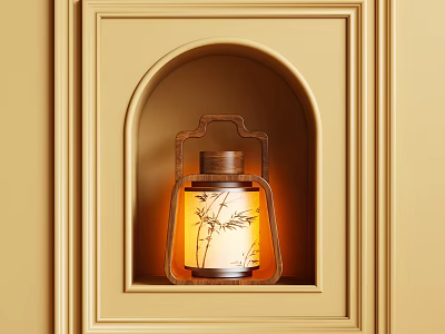 Traditional Bamboo Pattern Glass Shade Lamp With Warm Light In Arched Niche On Beige Wall 3d model
