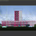 Modern Hotel Building Exterior With Glass Facade Geometric Design Illuminated Entrance And Parking Area
