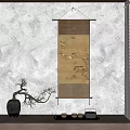 Traditional Interior Scene With Scroll Painting Birds Flowers Black Vase Tray Teacups And Teapot