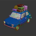 Blue Small Car With Rusty Details And Various Colored Suitcases On Roof
