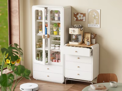Modern White Sideboard With Glass Door Storage Drawers And Kitchen Appliances 3d model
