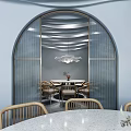 Modern Hot Pot Restaurant Interior With Arched Doorways Wooden Slat Partitions And Round Pendant Lights