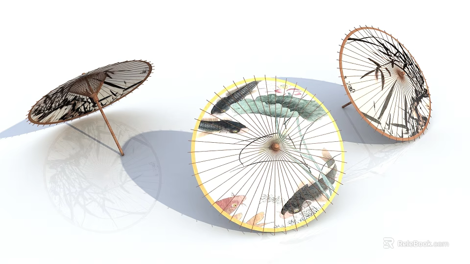 Traditional Decorative Oil Paper Umbrellas With Floral Bamboo And Fish Patterns 3d model 