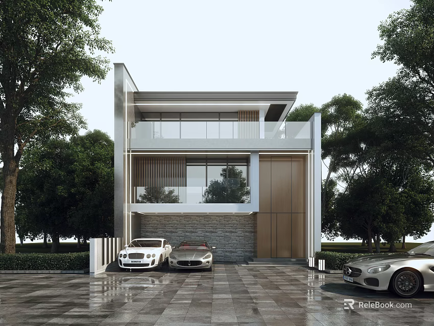Modern Detached Villa Exterior Design With Driveway And Parked Cars Surrounded By Trees 3d model 
