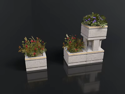 Stone Planters With Layered And Square Designs Featuring Red And Purple Flowers 3d model