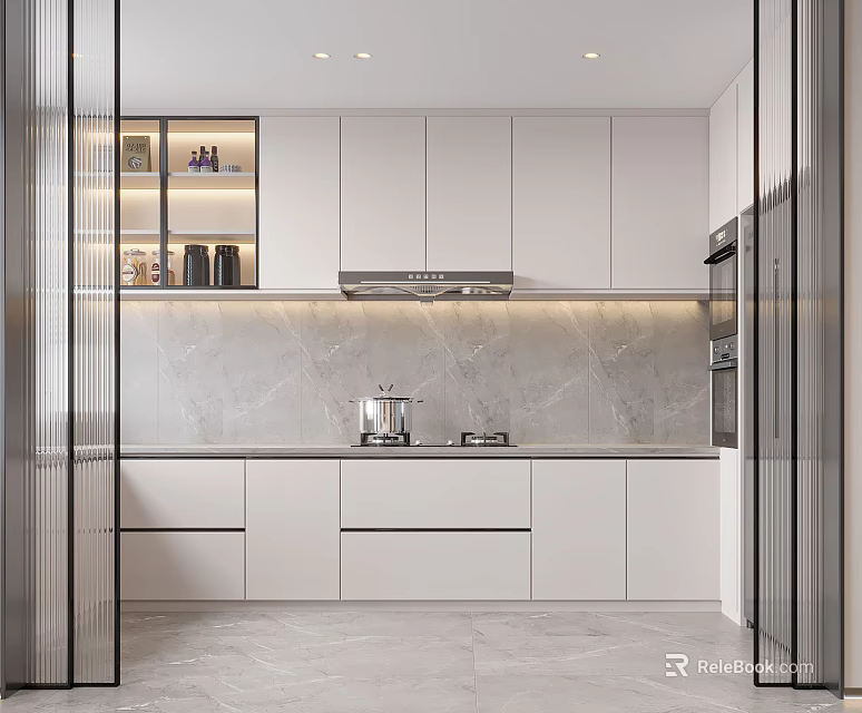 Modern Kitchen Interior Design Featuring White Cabinets Marble Backsplash Glass Doors And Recessed Lighting 3d model