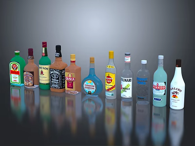 Various Alcohol Drink Bottles With Different Brands And Colorful Designs 3d model