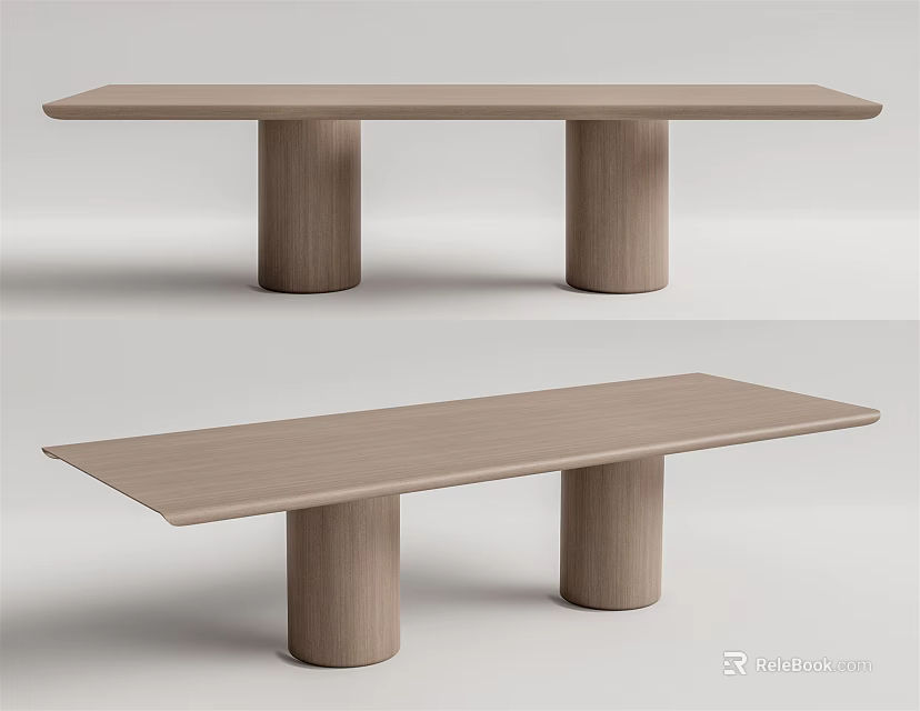 Minimalist Wooden Dining Table With Cylindrical Legs And Long Tabletop 3d model