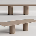 Minimalist Wooden Dining Table With Cylindrical Legs And Long Tabletop 3d model