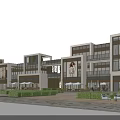 Modern Commercial Street With Multi Story Glass Facades And Outdoor Seating Areas
