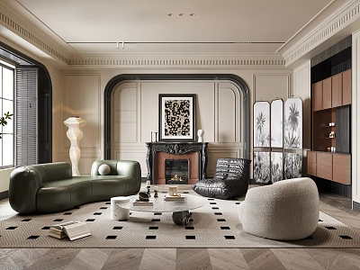 Elegant Living Room Interior With Green Sofa Black Armchair Beige Round Chair Fireplace Geometric Rug 3d model