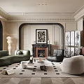 Elegant Living Room Interior With Green Sofa Black Armchair Beige Round Chair Fireplace Geometric Rug